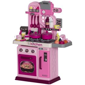 Qaba Kids Play Kitchen with Lights, Sounds, 33 Accessories & Storage for Toddler 3-6 Years