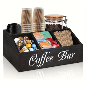 1 Piece Classic Wooden Coffee Bar Storage Box Multi-compartment Coffee Accessories Condiments Coffee Capsule Storage Shelf Basket (Color: Black)