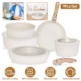 9Pcs Nonstick Cookware Set Kitchen Pots and Pans Set With Detachable Handles Tempered Glass Lids Dishwasher Oven Safe Aluminum Alloy Kitchen Cook (Color: as picture)